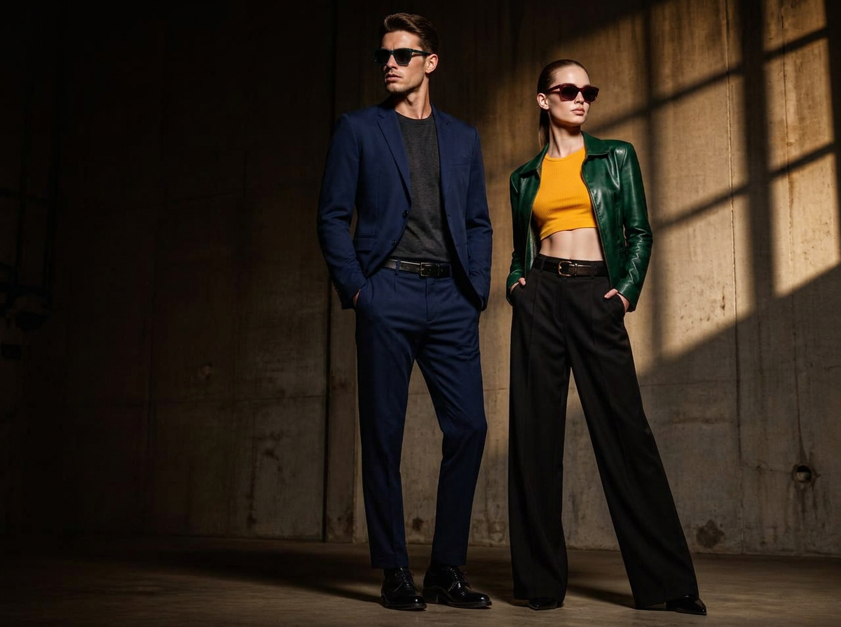 Two models in all-black outfits in a dark studio