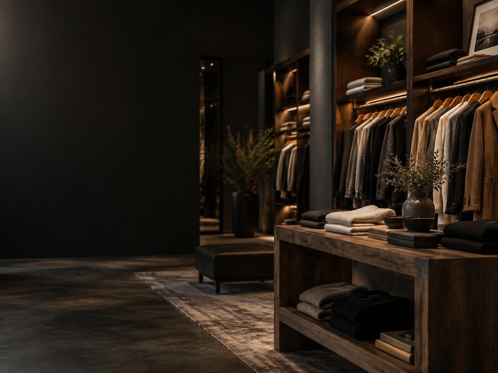 Upscale boutique clothing store interior with garments on racks